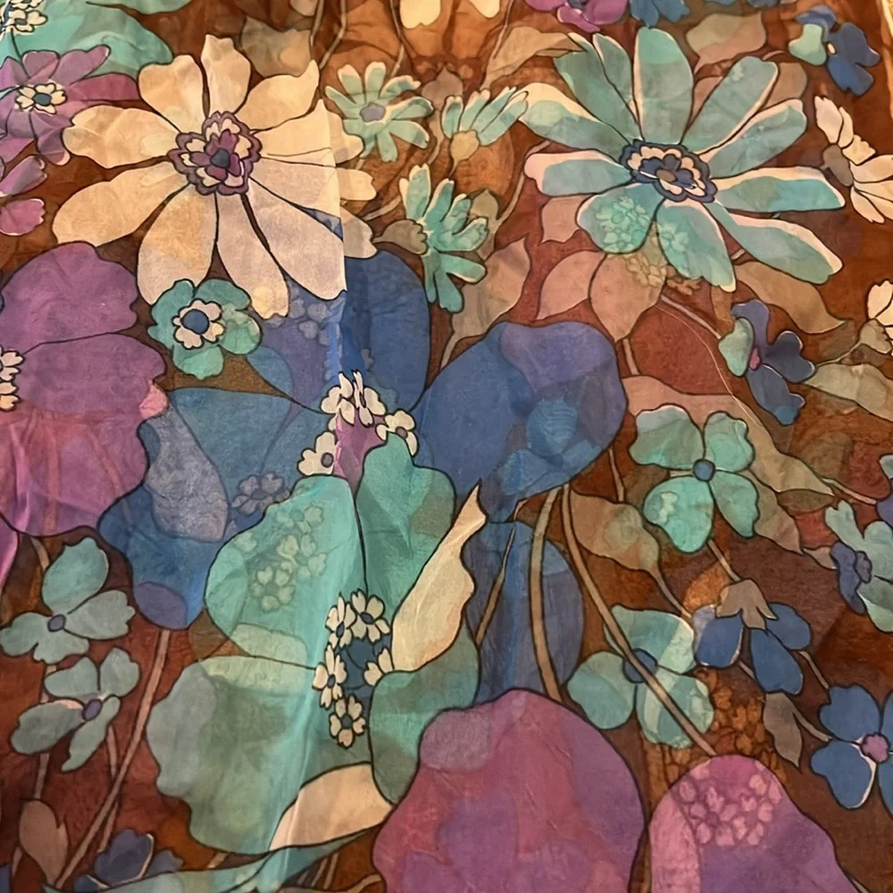 MCM 60’s Burmel Floral Silk Sheer Scarf in Blue and Purple 44” x 14”
